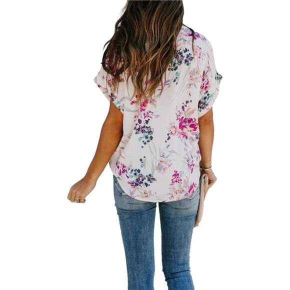 Women Summer Casual Split V Neckline Chiffon Blouses Loose TunicShort SleeveTops - Picture 5 of 6